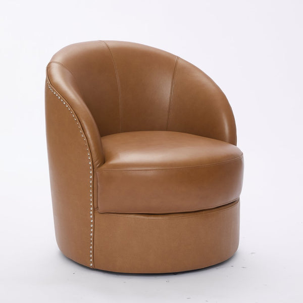English Elm Light Brown Top-Grain Leather Swivel Accent Chair with 360° Smooth Spin, Rivet Detail, Sturdy 150kg Base W570P386949