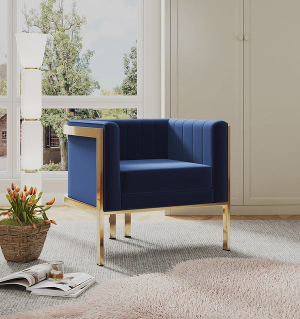 English Elm Paramount Velvet Lounge Chair with Polished Brass Stainless Steel Frame, Plush High-Density Comfort Dark Blue B365P397997