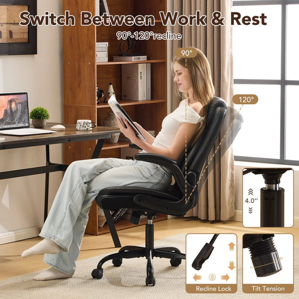 English Elm Leather Executive Desk Chair with Lumbar Support Flip Armrests and Swivel Base T5339P435712