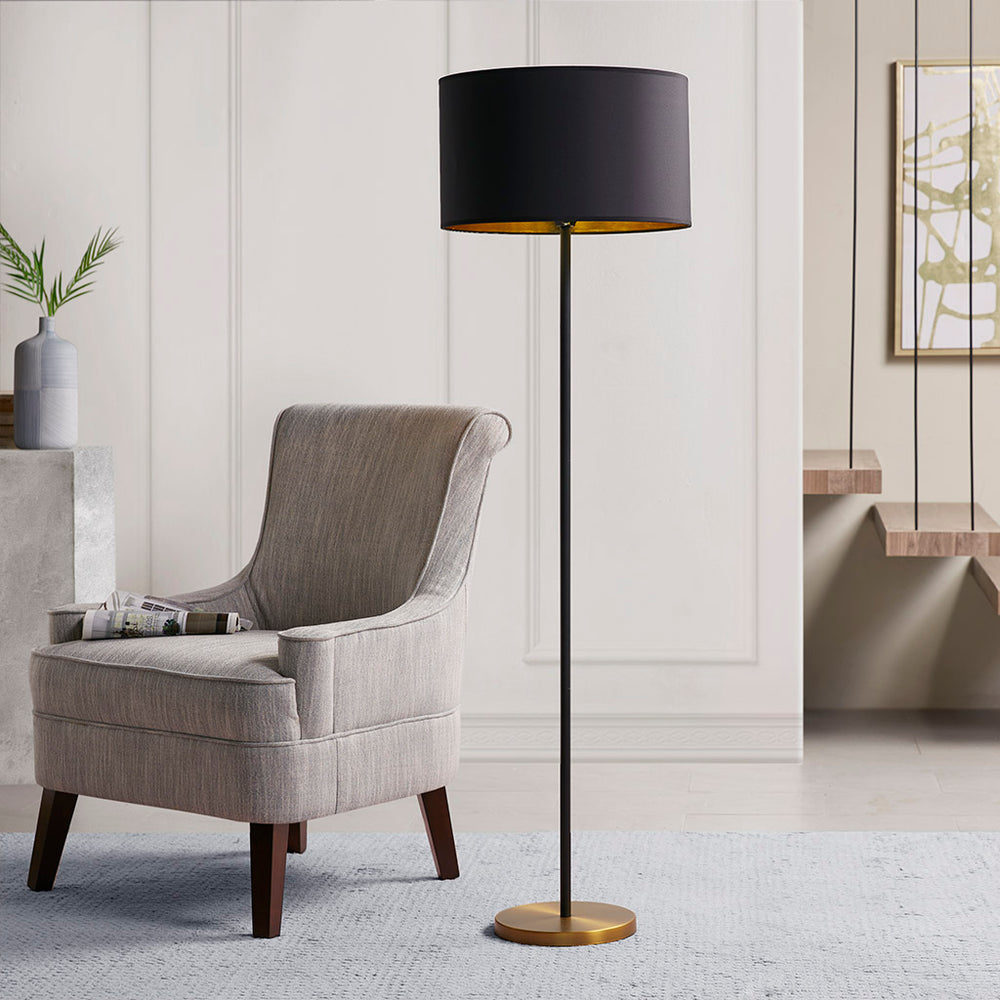 JLA Home INK+IVY - Metal Floor Lamp — Slim Black Stem with Gold Base & Metallic Gold-Lined Shade, Pull Chain, 2-Year Warranty MT154-0036