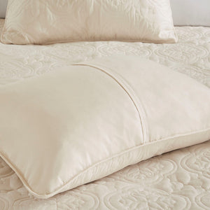 English Elm 3 Piece Reversible Bedspread Set Cream Full/Queen Oversized Quilted Medallion Microfiber, Hypoallergenic, Easy Care B03594959