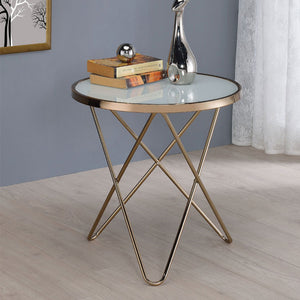English Elm Frosted Glass Top Round Table Champagne Base — Mid-Century Accent End Table, Elegant Framed Design B016P314057