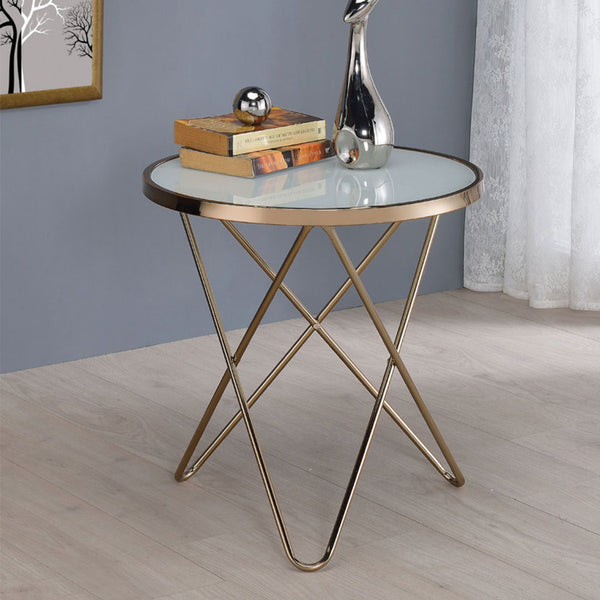 English Elm Frosted Glass Top Round Table Champagne Base — Mid-Century Accent End Table, Elegant Framed Design B016P314057