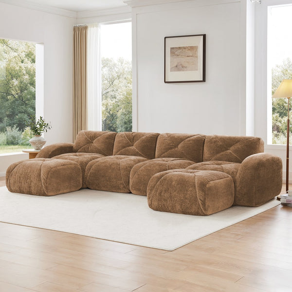 English Elm U-shaped Modular Velvet Sofa Tufted Cushions High Density Foam Living Room Sectional Camel W714S01602