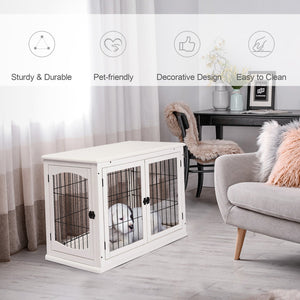 English Elm Pawhut White Dog Crate End Table with Arched Wire Windows and Dual Lockable Doors W2225P229155