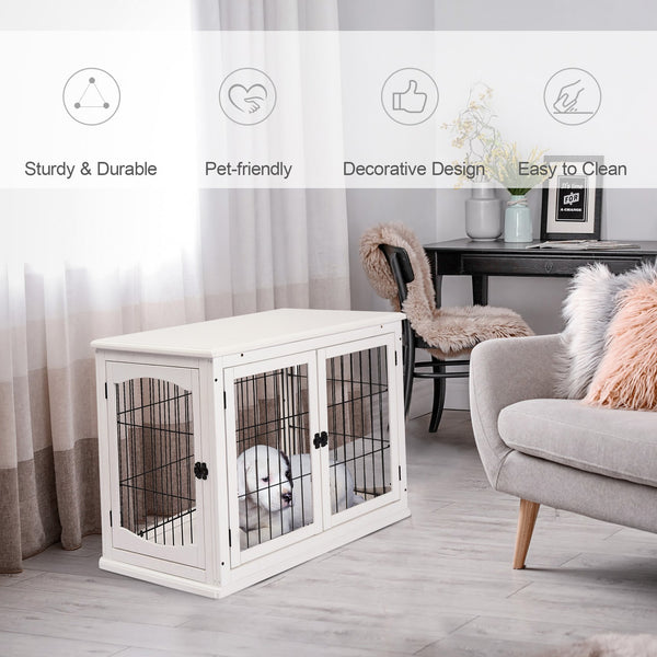 English Elm Pawhut White Dog Crate End Table with Arched Wire Windows and Dual Lockable Doors W2225P229155