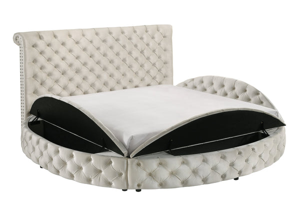 English Elm Luxurious Round Queen Bed with Velvet Tufted Headboard, Studded Accents and Hidden Storage Space Ivory 54.75 L x 95.25 W x 8.25 H B011S01647
