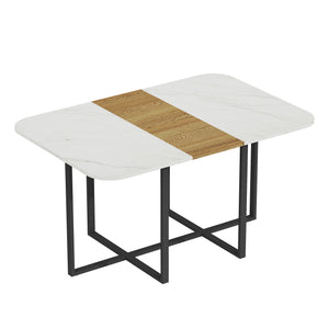 English Elm Modern Faux Marble Walnut Dining Table Geometric Black Base Seats Six W3875P372866