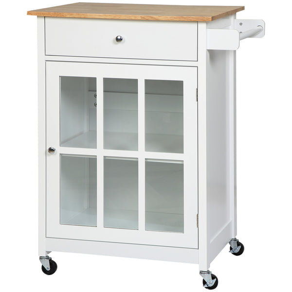 English Elm HOMCOM 27" Rolling Kitchen Island Cart with Rubber Wood Top, Drawer, Glass Door & Towel Rack W2225P217402