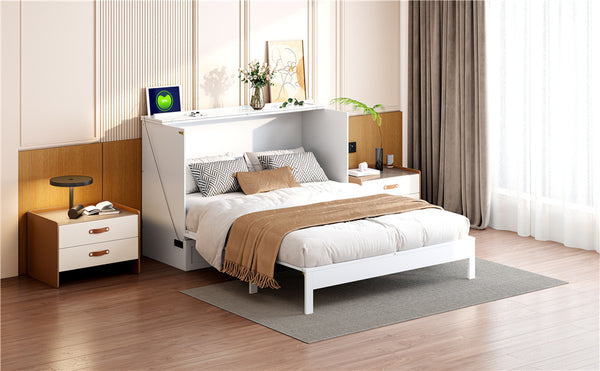 English Elm Full Size Murphy Bed Rattan Cabinet with Storage Drawers and Gold Hardware White N708S00009K