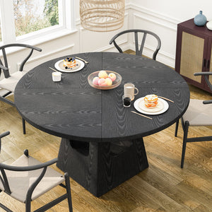 English Elm Round Farmhouse Dining Table 47 Inch Wooden Top with Lower Storage Shelf Seats Six Black W757P367147