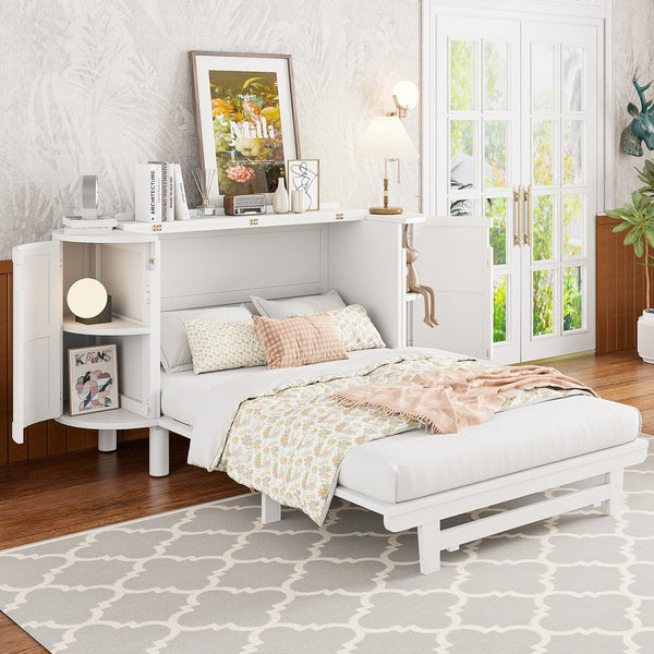 English Elm Full Murphy Bed with Woven Rattan Cabinet Front and Built-in Side Storage Units White LP000599AAK