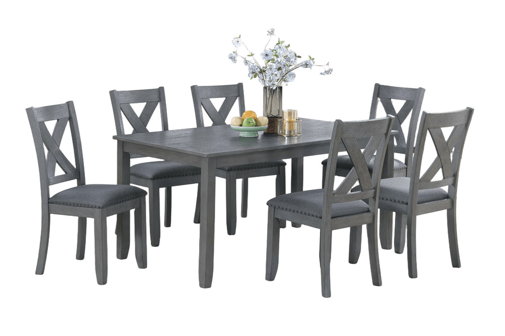 English Elm Gray 7pc Dining Set with Rectangular Table & Cushioned X-Cross Back Chairs, Nailhead Trim, 60" spacious B011P348932