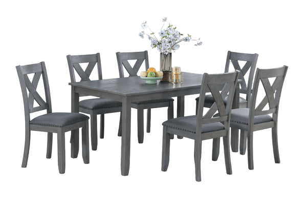 English Elm Gray 7pc Dining Set with Rectangular Table & Cushioned X-Cross Back Chairs, Nailhead Trim, 60" spacious B011P348932