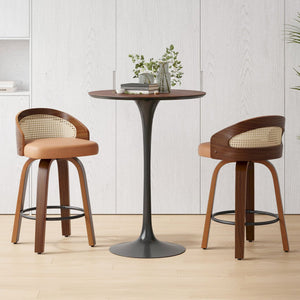 English Elm Swivel Counter Stools Set of 2 Rattan Back Pu Seat Mid Century Wood Frame Kitchen Yellow T3623P431183
