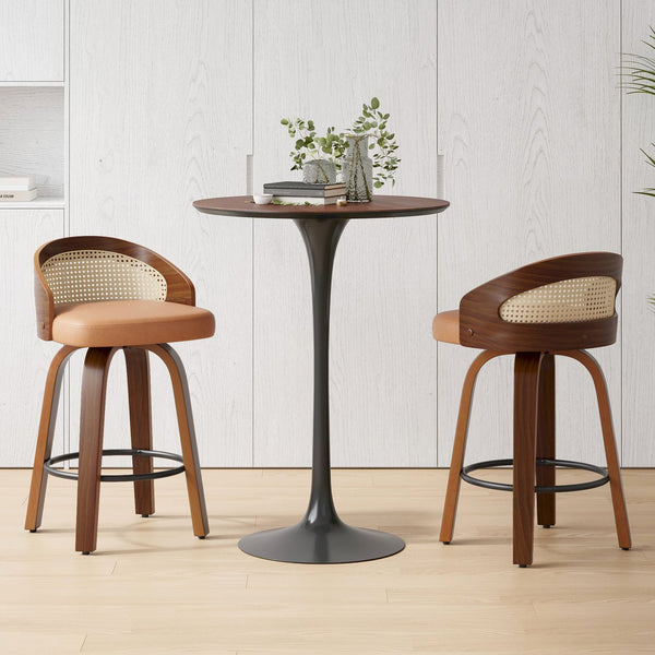 English Elm Swivel Counter Stools Set of 2 Rattan Back Pu Seat Mid Century Wood Frame Kitchen Yellow T3623P431183