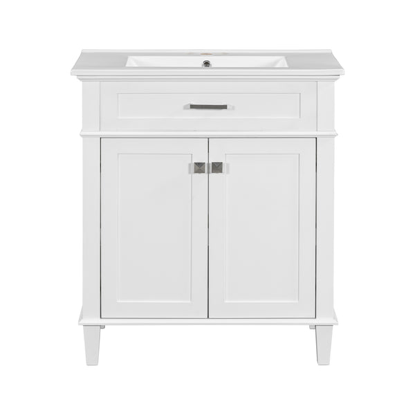 English Elm 30-inch bathroom vanity with ceramic basin, solid wood frame, soft-close doors and adjustable shelves for organized style and lasting durability White N729P173380K