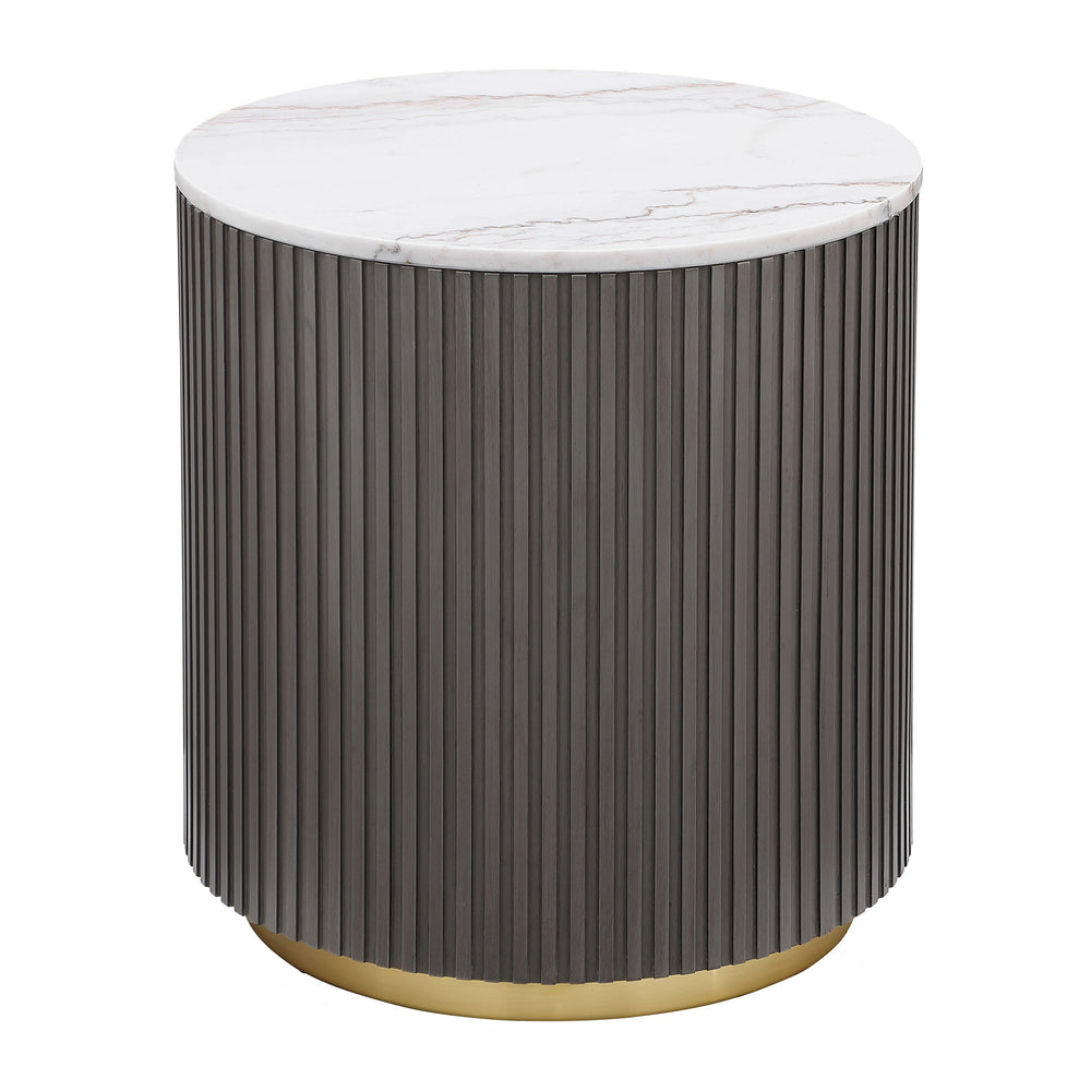 English Elm Sennewald Marble Top Round End Table with Ribbed Charcoal Base and Brushed Gold Accent B062P447673