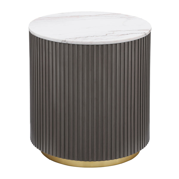 English Elm Sennewald Marble Top Round End Table with Ribbed Charcoal Base and Brushed Gold Accent B062P447673
