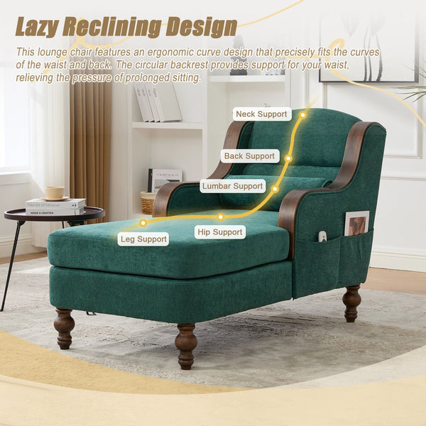 English Elm UNITED Oversized Chaise Lounge Sofa Bed with Solid Wood Arms, High-Resilience Foam, 800lb Capacity and Storage Pockets Emerald W1568S00207