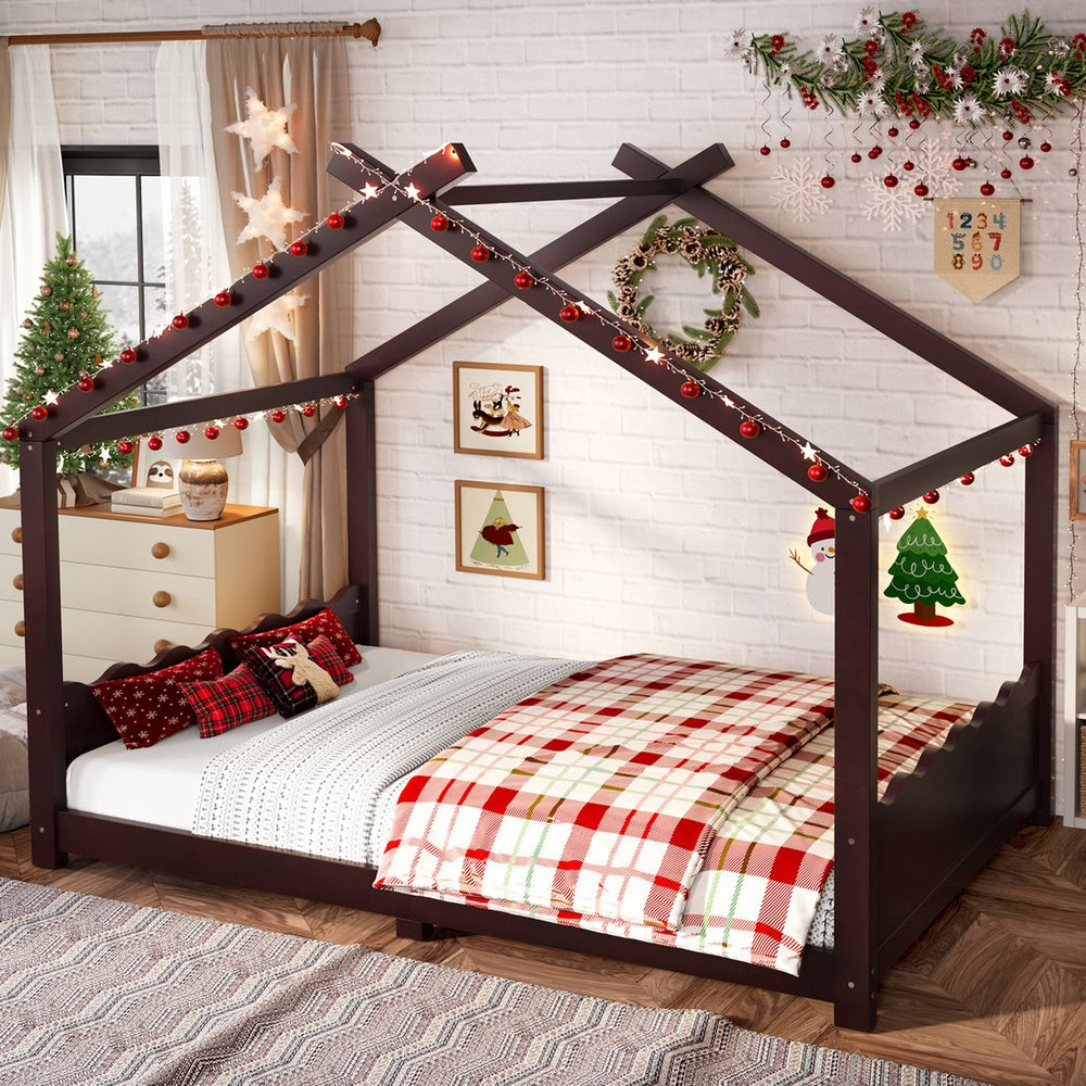 English Elm Twin House Frame Floor Bed Solid Pine Kids Room Montessori Low Profile Play Nook Espresso W1580P387842