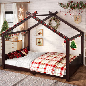 English Elm Twin House Frame Floor Bed Solid Pine Kids Room Montessori Low Profile Play Nook Espresso W1580P387842