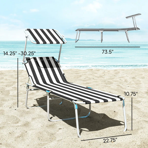 English Elm Portable Folding Outdoor Chaise Lounge with Sun Awning Oxford Cloth Steel Frame T3971P476901