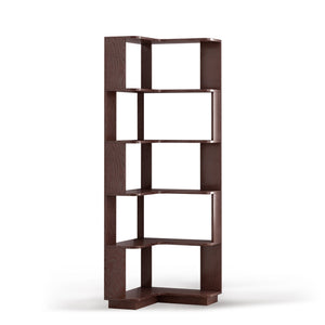 English Elm 6 Tier Freestanding L-Shaped Corner Bookshelf with Anti-Tip, Rounded Corners, 3D Wood Grain Finish Ox Blood Red W2899P372514