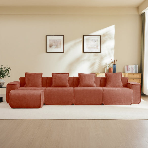 English Elm Streamlined Modular L-shaped Sectional Velvet Sofa with Ottoman and Tailored Piping Detail Red W3041S00362