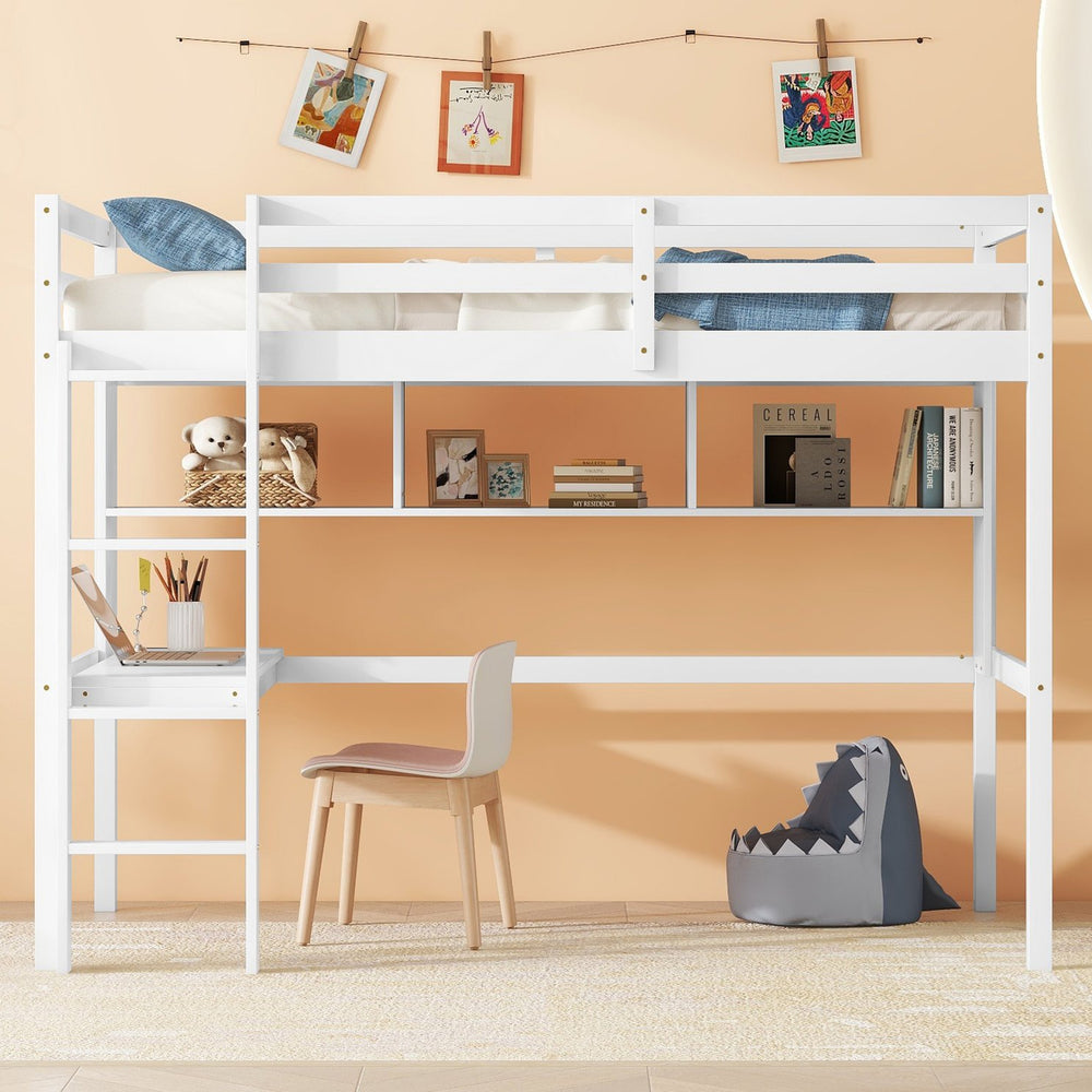 English Elm Twin Loft Bed with Built-In Desk and Bookcase, Pine Frame, Safety Guardrail, Ladder for Study Space White W504P181854