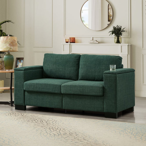 English Elm 67.7" Modern Loveseat Sofa with Cup Holders and Hidden Storage, Polyester Upholstery, Solid Wood Frame Green W1097S00193