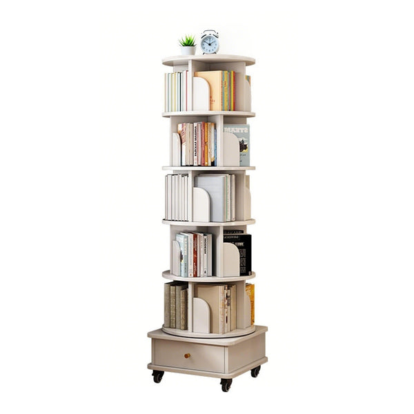 English Elm 6 Tier Rotating Bookshelf 360° Spinning Tower with Lockable Wheels, Drawer & Stable Base for Home Office White W3204P309485