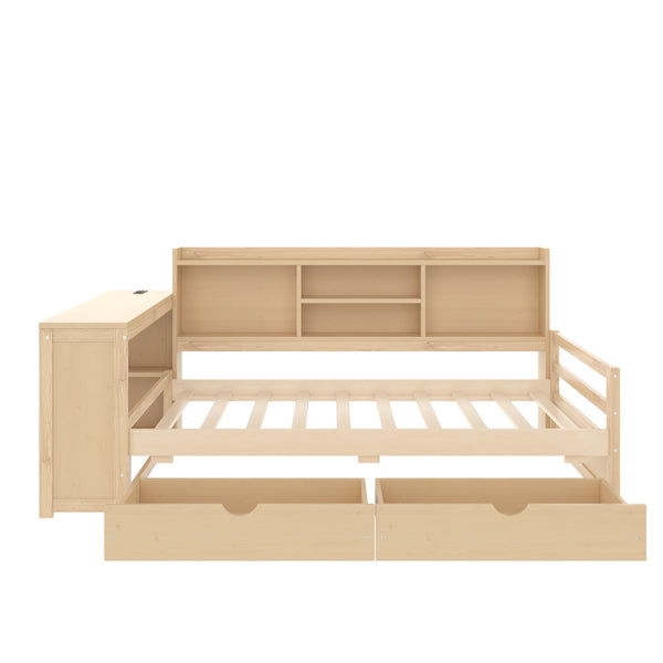 English Elm Twin Corner Daybed Pine Frame Built in Desk Bookcase Drawers Charging Kids Room Natural W697S00042