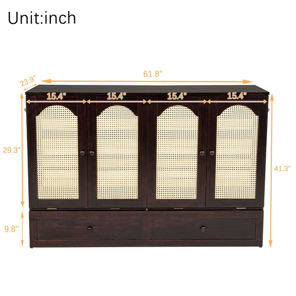 English Elm Queen Size Murphy Bed – Elegant Pine Wood Cabinet With Power Station & Rattan Accents, Espresso Finish W504S00235-GIGA