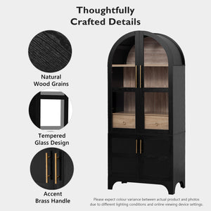 English Elm K&K Arched 71" Kitchen Pantry Cabinet with Glass Doors, Brass Handles, Adjustable Shelves & Drawer Black N707P288969B