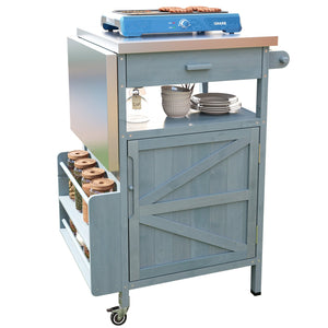 English Elm K&K 40.5" Outdoor Grill Cart with 201 Stainless Top, Solid Fir Storage, Drop Leaf & Lockable Wheels Blue+Grey N707P228272G