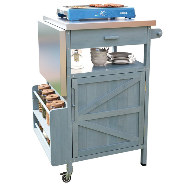 English Elm K&K 40.5" Outdoor Grill Cart with 201 Stainless Top, Solid Fir Storage, Drop Leaf & Lockable Wheels Blue+Grey N707P228272G