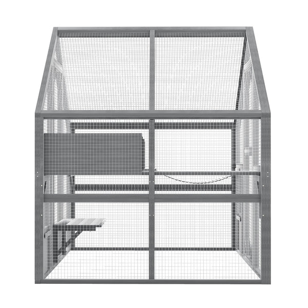 English Elm Cat, Outdoor Wood Enclosure Multi-level Shelter with Platforms Resting Boxes Waterproof Canopy W1598S00039