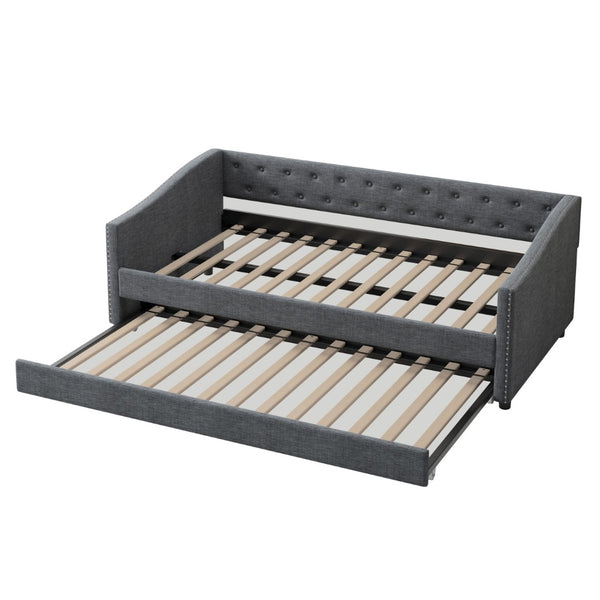 English Elm Twin Size Daybed With Trundle - Elegant Upholstered Sofa Bed In Dark Grey With Button Tufting & Copper Accents W2336S00041-GIGA