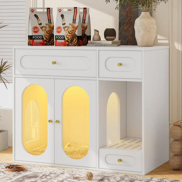 English Elm Cat Litter Box Cabinet with Led Lighting Acrylic Doors and Drawer Storage End Table White N704P402444K