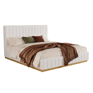 English Elm King Upholstered Bed Linen Channel Stitch Tall Headboard Solid Wood Slatted Base N757K339014I