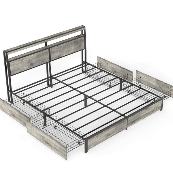 English Elm Queen Metal Platform Bed with Rgb Led Headboard Charging Station and Underbed Storage T3963P482853