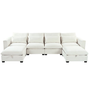 English Elm U_style Modular U-shaped Sectional Sofa Six Seat Linen Fabric with Storage Ottomans Beige WY000491AAA