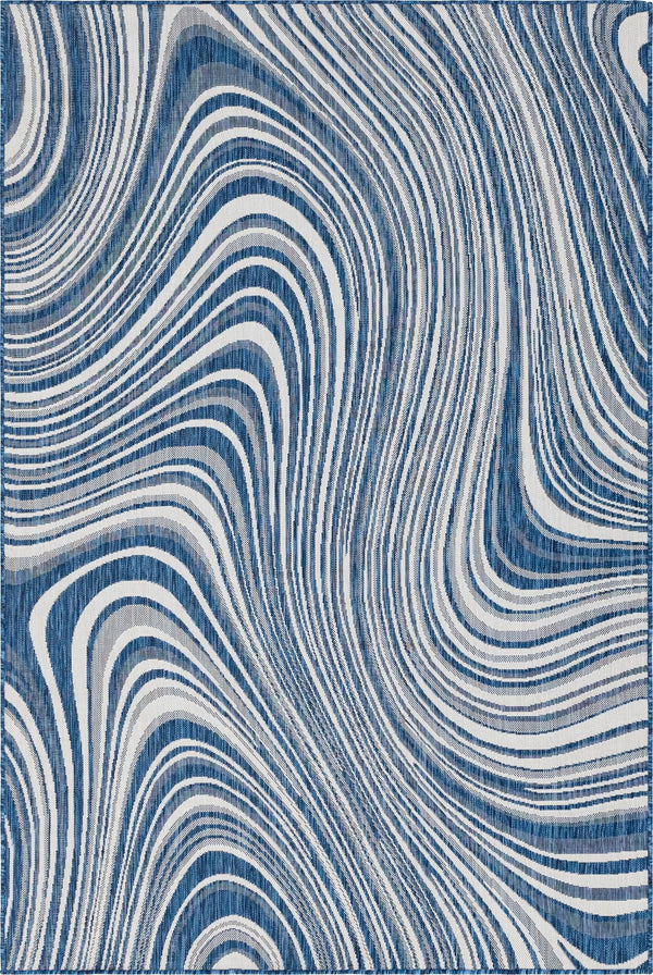 Unique Loom Outdoor Modern Pool Machine Made Abstract Rug Blue, Ivory/Navy Blue 6' 1" x 9' 0"