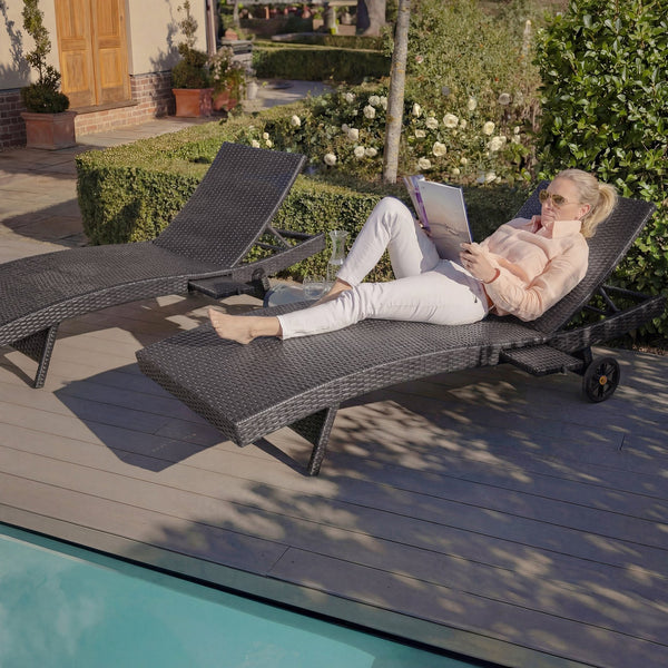 English Elm K&k Outdoor Wicker Reclining Chaise Set 2 Piece with Pull Out Tray Rolling Wheels Black+Brown N707P395515D