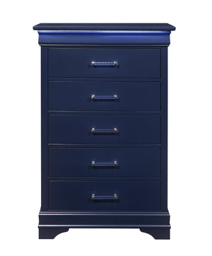 English Elm CHARLSTON Solid Wood 5-Drawer Chest with Built-In LED Lighting, Spacious Transitional Bedroom Storage Blue 35.63 L x 19.49 W x 52.17 H B201P215697