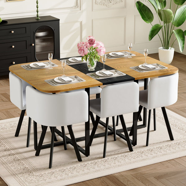 English Elm 7-piece Rectangular Dining Set Two-tone Wood Tabletop with Six Leather Chairs Seats W3875S00128