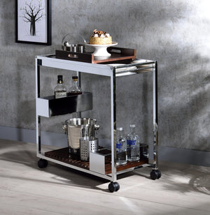 English Elm Lisses Chrome Serving Cart with Removable Wooden Tray, Wine Rack, Stemware Shelf & Casters, 70lb Top B2726P286818
