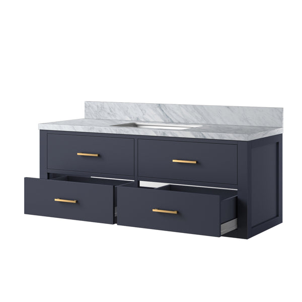 English Elm Blue Single Bath Vanity With Carrara Marble Top - Elegant 48" W, Soft-Close Drawers & Storage Solution B2731P258004