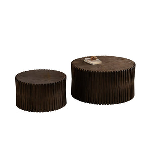 English Elm Vintage Cylindrical Nesting Coffee Table Set, Textured Embossed Wood Accent Tables for Living Room Dark Brown W757P195739